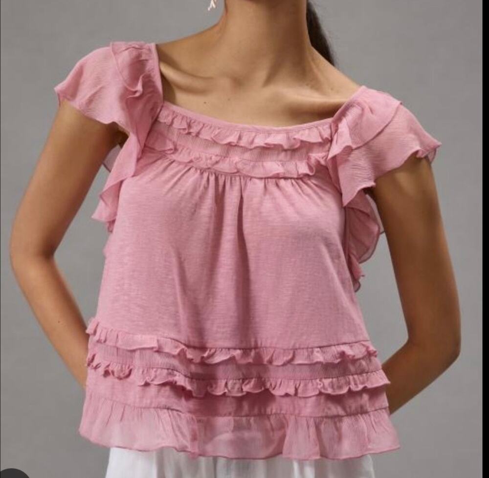 By Anthropologie Ruffled Flutter-Sleeve Top in Dust Pink Size S.